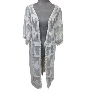 Vince Camuto Duster Jacket Cover-up White Lace Butterflies Womens Small/Medium